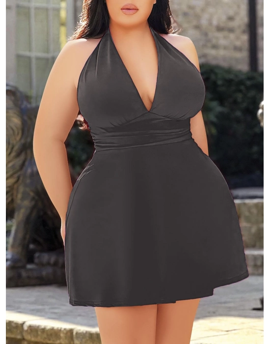 Büyük Beden Antrasit Boyundan Bağlamalı Mini Gecelik