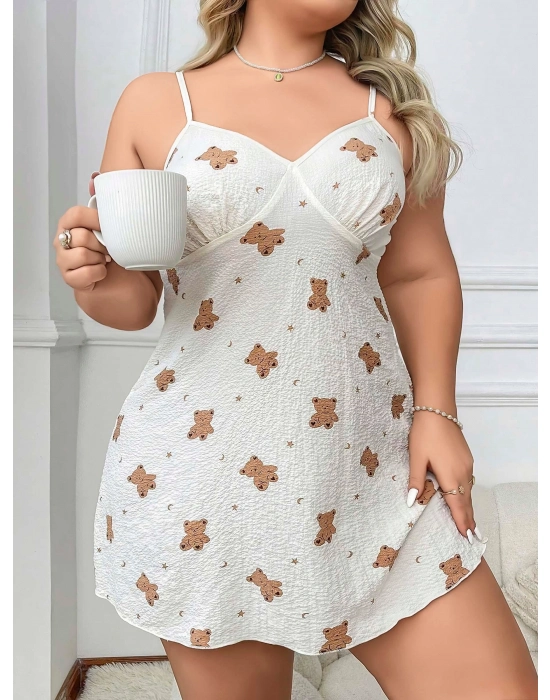 Büyük Beden Ayıcık Desenli Pamuklu İnce Askılı Mini Gecelik