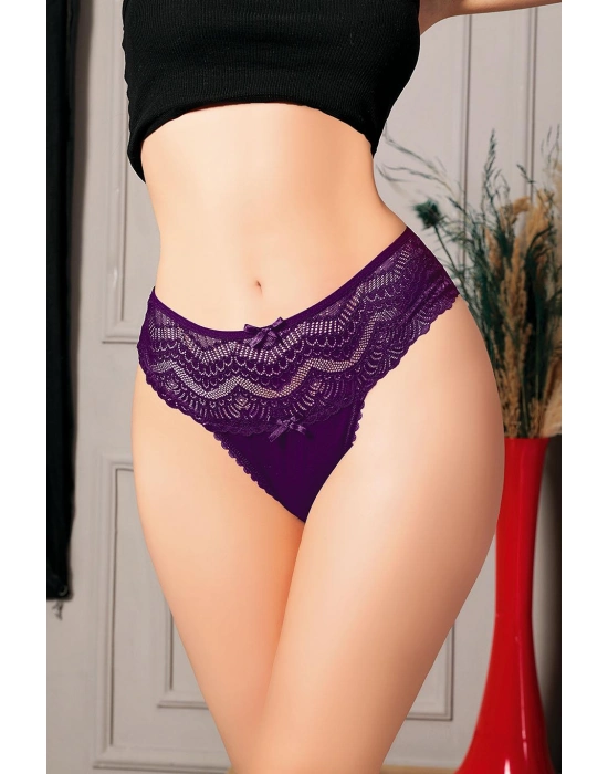 Büyük Beden Bel Kısmı Dantelli Fantezi Mor Tanga String