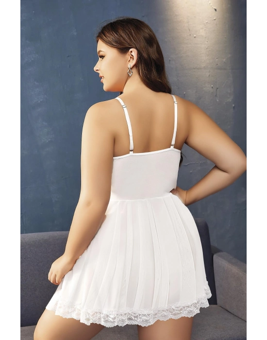 Büyük Beden Beyaz Dantel İşlemeli İnce Askılı Gecelik