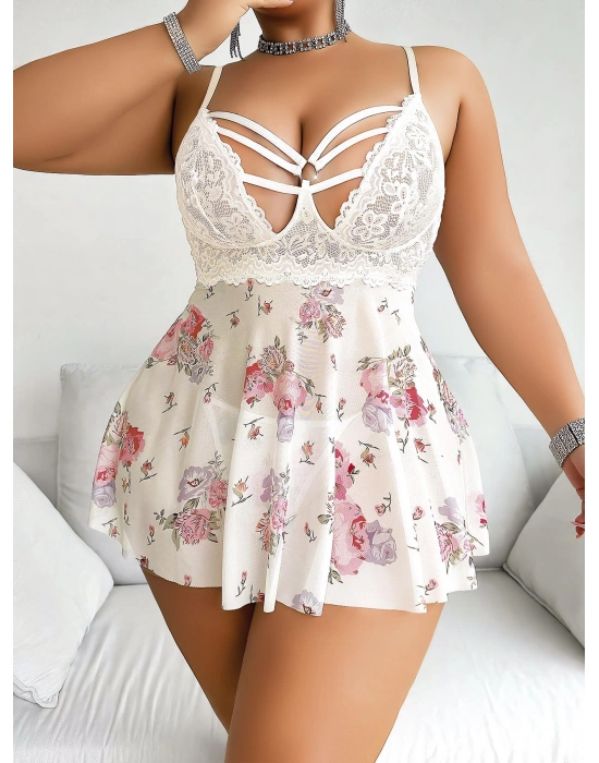 Büyük Beden Beyaz Üstüne Çiçek Desenli Dantel İşlemeli İnce Askılı Mini Gecelik