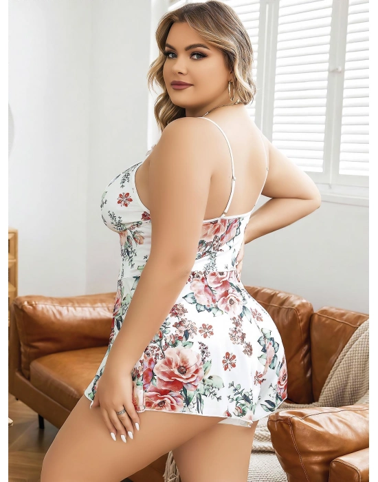 Büyük Beden Beyaz Üstüne Çiçek Desenli Dantel İşlemeli İnce Askılı Şort Gecelik