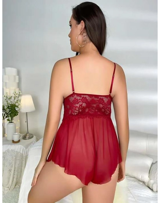 Büyük Beden Bordo Dantel İşlemeli Fırfırlı Fantezi Babydoll
