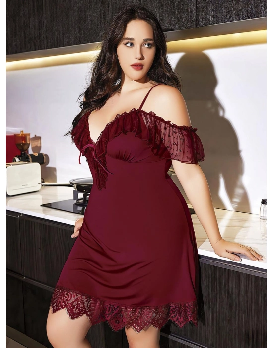 Büyük Beden Bordo Dantel İşlemeli İnce Askılı Gecelik