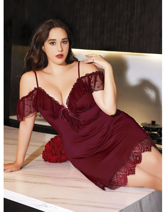 Büyük Beden Bordo Dantel İşlemeli İnce Askılı Gecelik