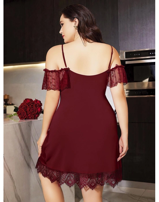 Büyük Beden Bordo Dantel İşlemeli İnce Askılı Gecelik