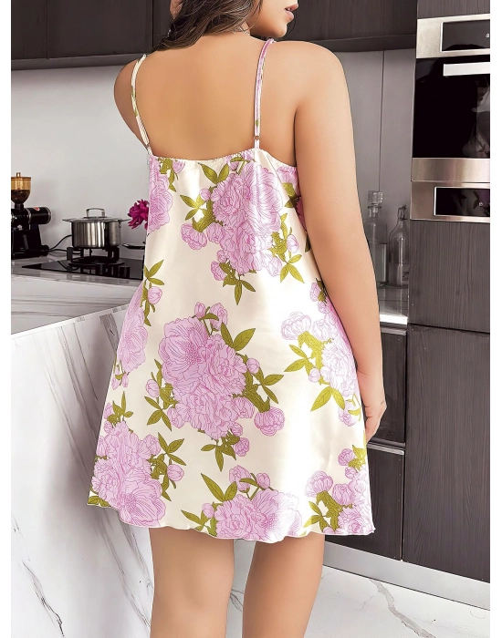 Büyük Beden Çiçek Desenli Dantel İşlemeli Yırtmaçlı İnce Askılı Gecelik