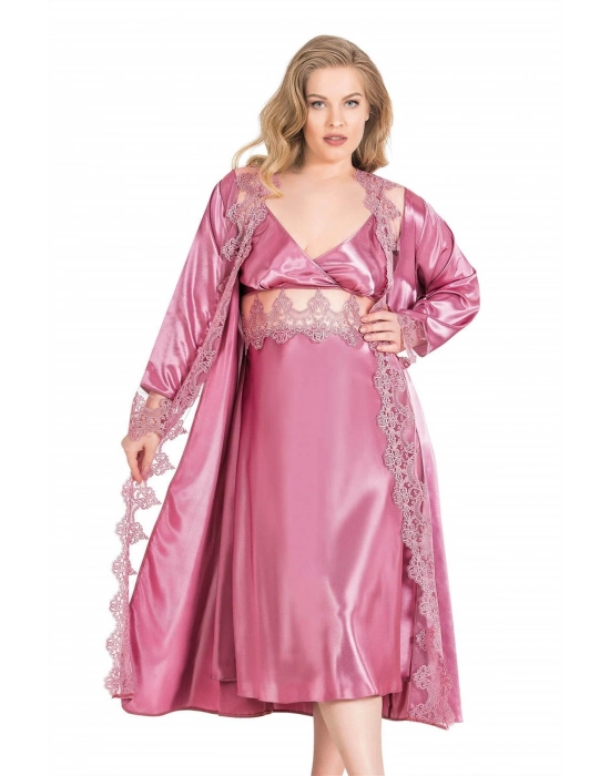 Büyük Beden Gül Kurusu Uzun İkili Saten Sabahlık Gecelik Takımı