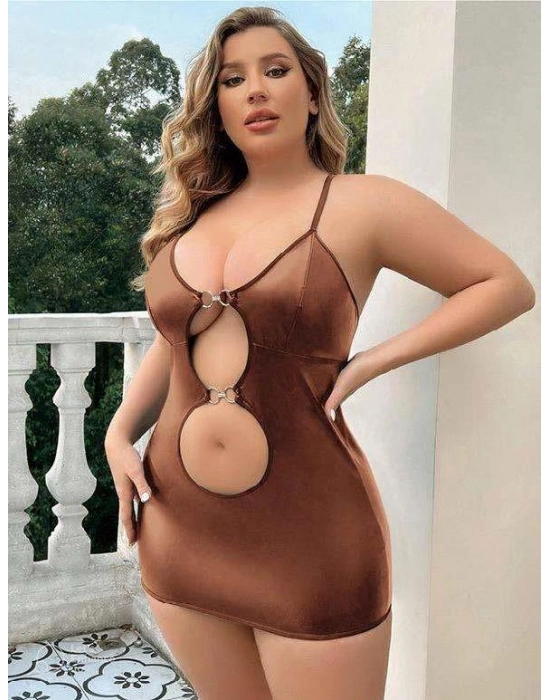 Büyük Beden Kahverengi Deri Metal Aksesuarlı Fantezi Elbise