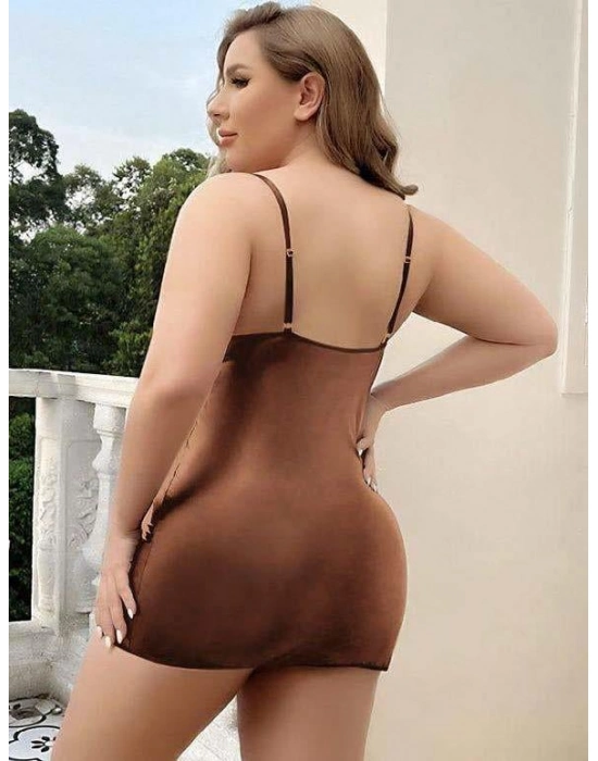 Büyük Beden Kahverengi Deri Metal Aksesuarlı Fantezi Elbise