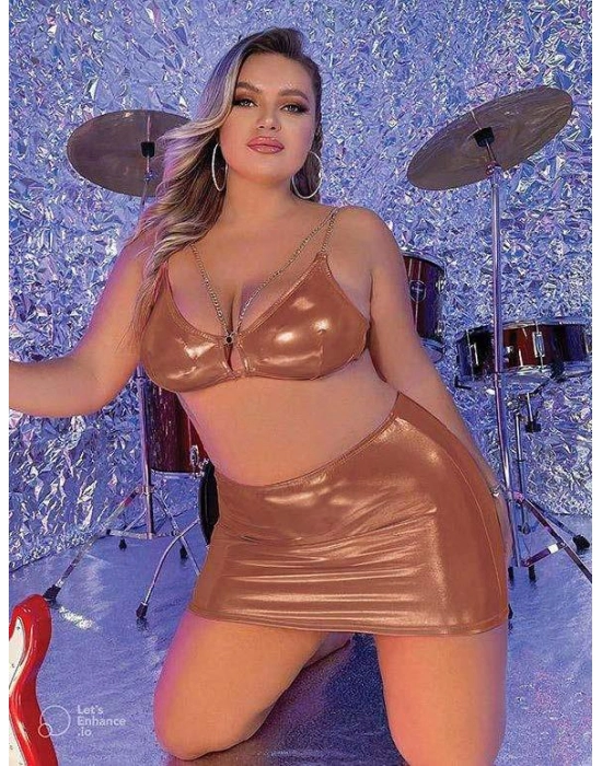 Büyük Beden Kahverengi Deri Zincir Aksesuarlı Etekli Fantezi Takım