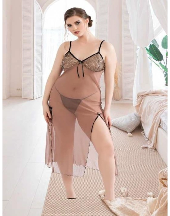 Büyük Beden Kahverengi Tül Fantezi Uzun Yırtmaçlı Gecelik