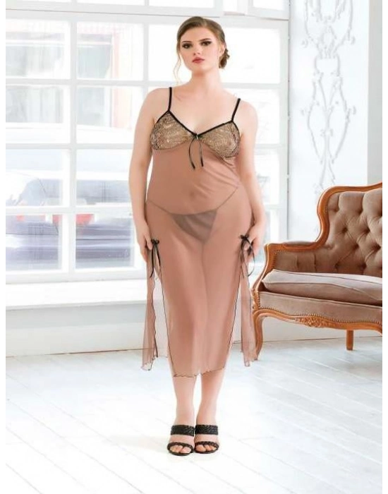 Büyük Beden Kahverengi Tül Fantezi Uzun Yırtmaçlı Gecelik