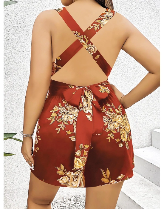 Büyük Beden Kahverengi Üstüne Çiçek Desenli Sırt Detaylı Elbise