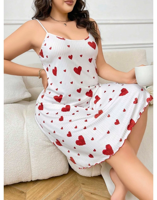 Büyük Beden Kalp Desen Pamuklu İnce Askılı Uzun Gecelik