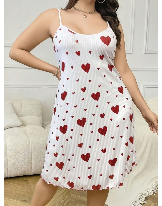 Büyük Beden Kalp Desen Pamuklu İnce Askılı Uzun Gecelik