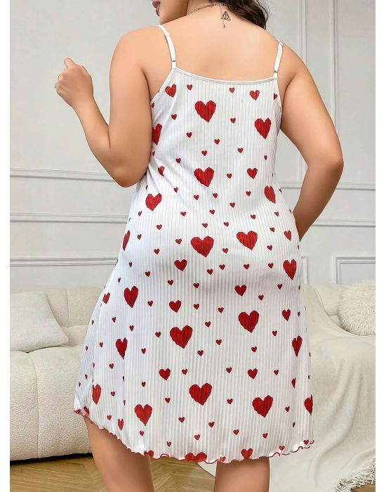 Büyük Beden Kalp Desen Pamuklu İnce Askılı Uzun Gecelik