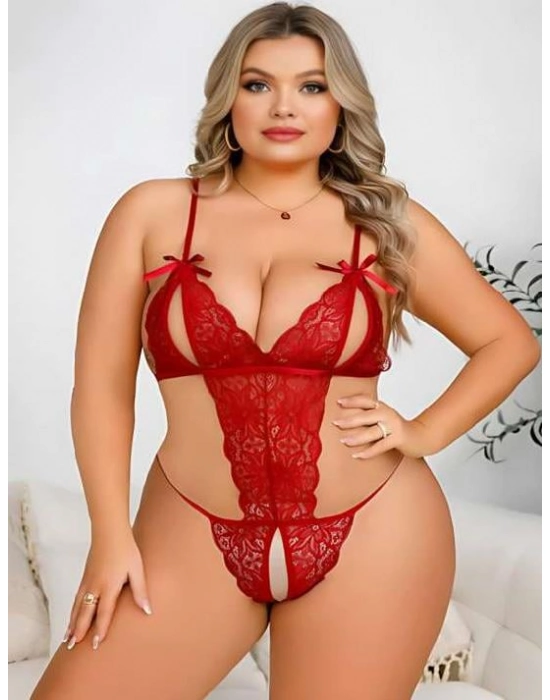 Büyük Beden Kırmızı Dantel İşlemeli Dekolteli Fantezi Babydoll