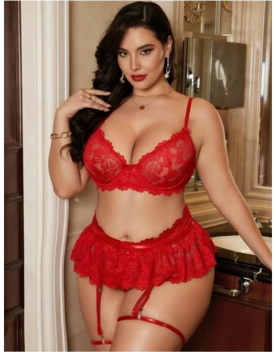 Büyük Beden Kırmızı Dantel İşlemeli Etekli Jartiyer Takımı