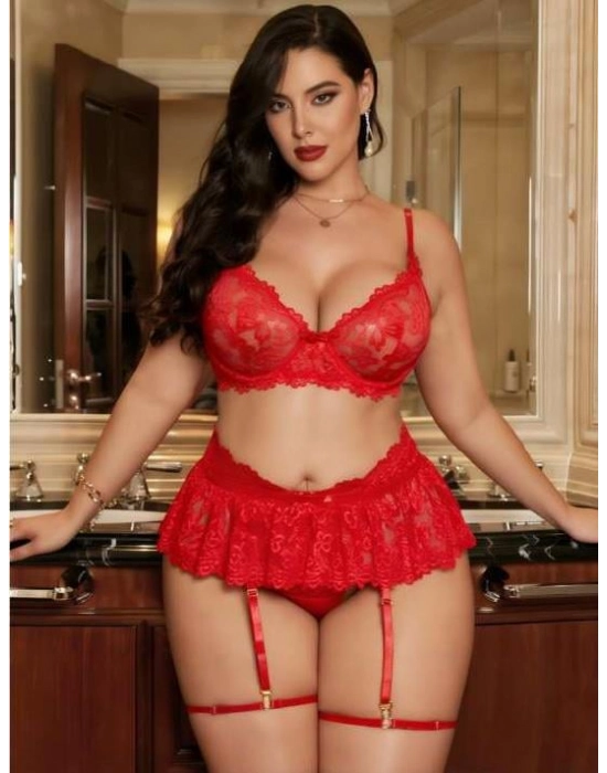 Büyük Beden Kırmızı Dantel İşlemeli Etekli Jartiyer Takımı