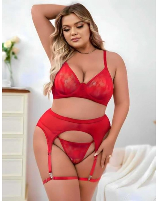 Büyük Beden Kırmızı Dantel İşlemeli Fantezi Jartiyer Takımı