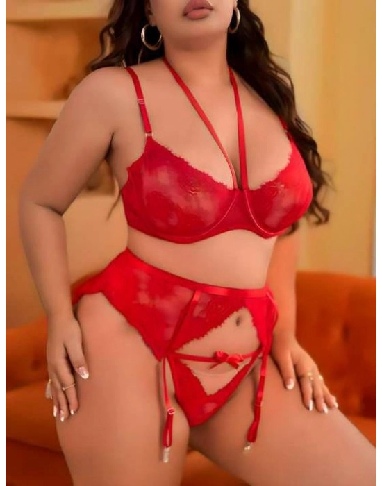 Büyük Beden Kırmızı Dantel İşlemeli İpli Fantezi Jartiyer Takımı