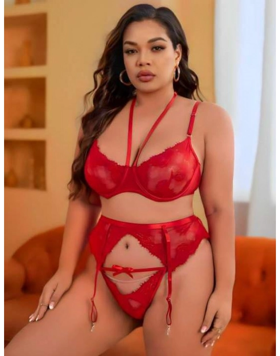 Büyük Beden Kırmızı Dantel İşlemeli İpli Fantezi Jartiyer Takımı