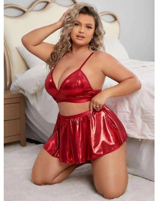 Büyük Beden Kırmızı Deri Etekli Fantezi Kostüm