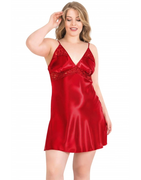 Büyük Beden Kırmızı Kısa İkili Saten Sabahlık Gecelik Takımı