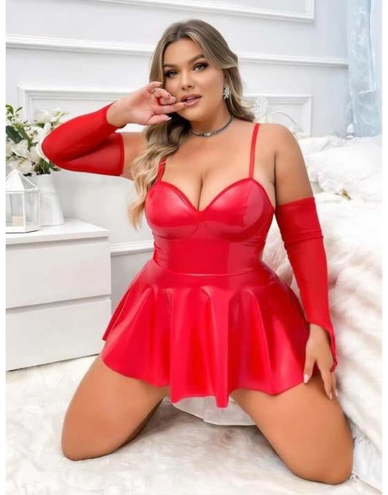 Büyük Beden Kırmızı Parlak Deri Fantezi Elbise