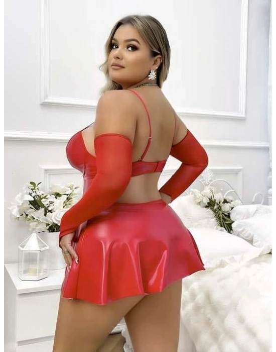 Büyük Beden Kırmızı Parlak Deri Fantezi Elbise