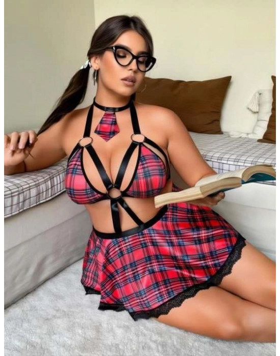 Büyük Beden Kravatlı Ekose Desenli Etekli Fantezi Kostüm