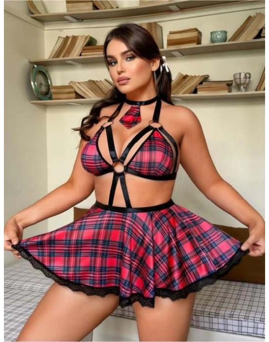 Büyük Beden Kravatlı Ekose Desenli Etekli Fantezi Kostüm