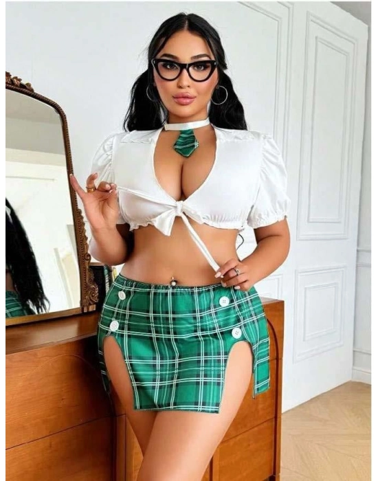 Büyük Beden Kravatlı Yeşil Ekose Desen Etekli Fantezi Liseli Kostüm