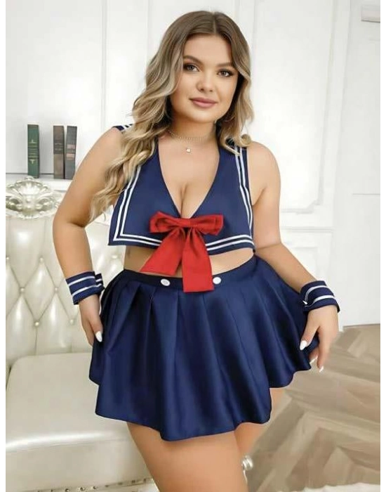 Büyük Beden Lacivert Büstiyerli Kurdela Detaylı Mini Etekli Fantezi Denizci Kostümü