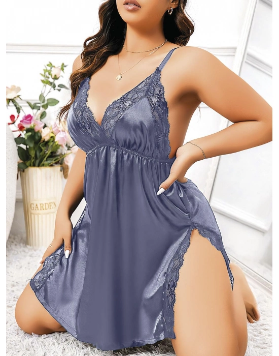 Büyük Beden Lacivert Dantel İşlemeli İnce Askılı Saten Fantezi Gecelik