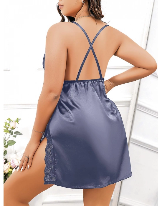 Büyük Beden Lacivert Dantel İşlemeli İnce Askılı Saten Fantezi Gecelik