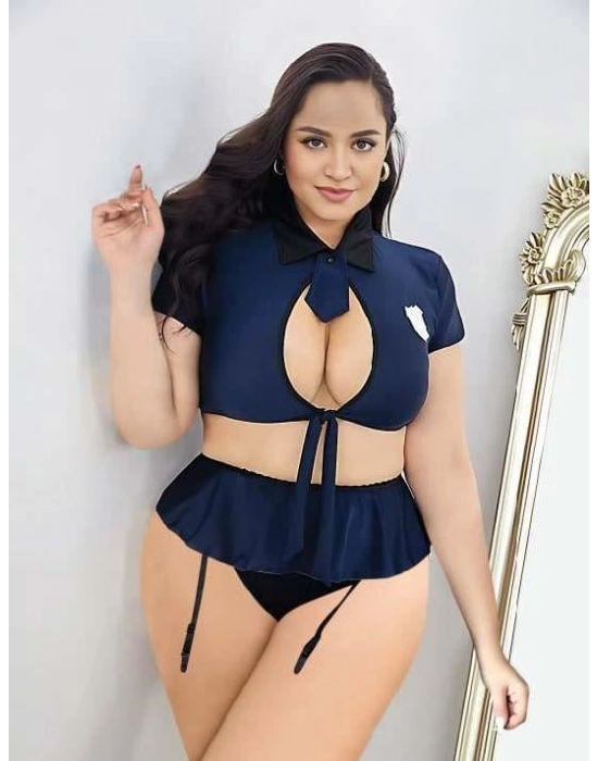 Büyük Beden Lacivert Göğüs Detay Büstiyerli Kravatlı Mini Etekli Fantezi Polis Kostümü