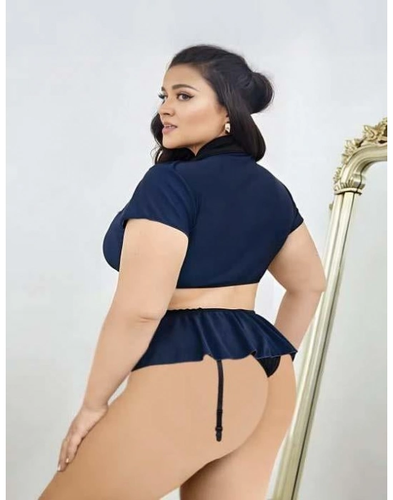 Büyük Beden Lacivert Göğüs Detay Büstiyerli Kravatlı Mini Etekli Fantezi Polis Kostümü