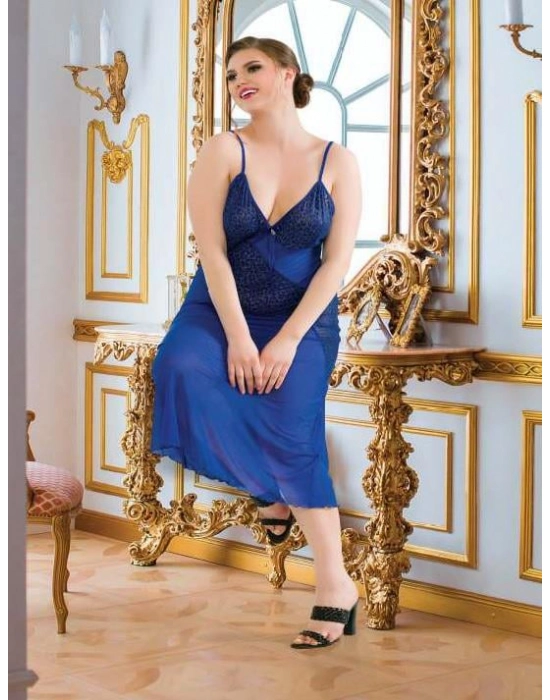 Büyük Beden Lacivert Leopar Desen Tül Fantezi Uzun Gecelik