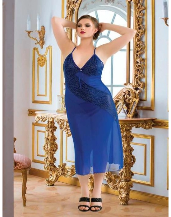 Büyük Beden Lacivert Leopar Desen Tül Fantezi Uzun Gecelik