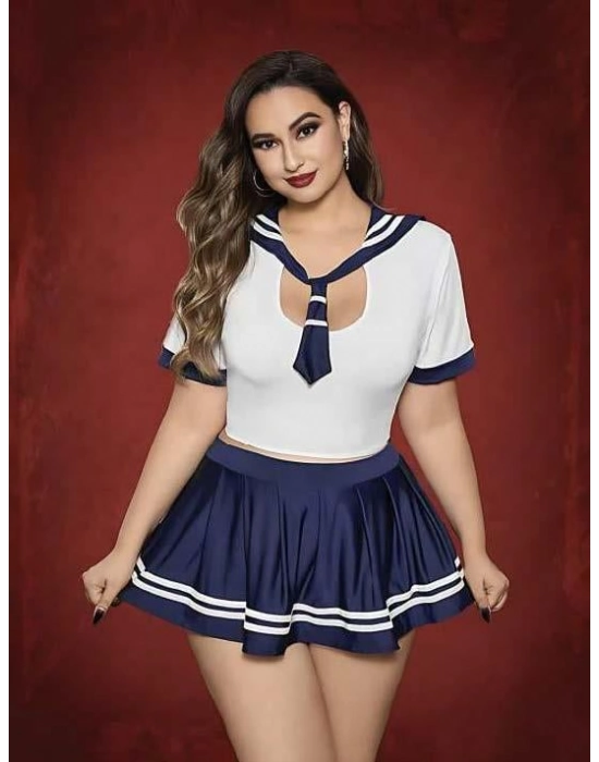 Büyük Beden Lacivert Mini Etekli Fantezi Denizci Kostümü