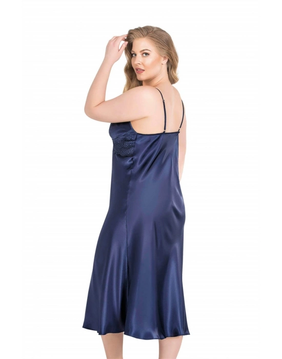 Büyük Beden Lacivert Uzun İkili Saten Sabahlık Gecelik Takımı