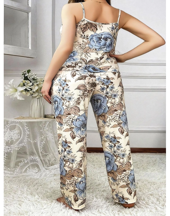 Büyük Beden Mavi Çiçek Desenli İnce Askılı 2li Saten Pijama