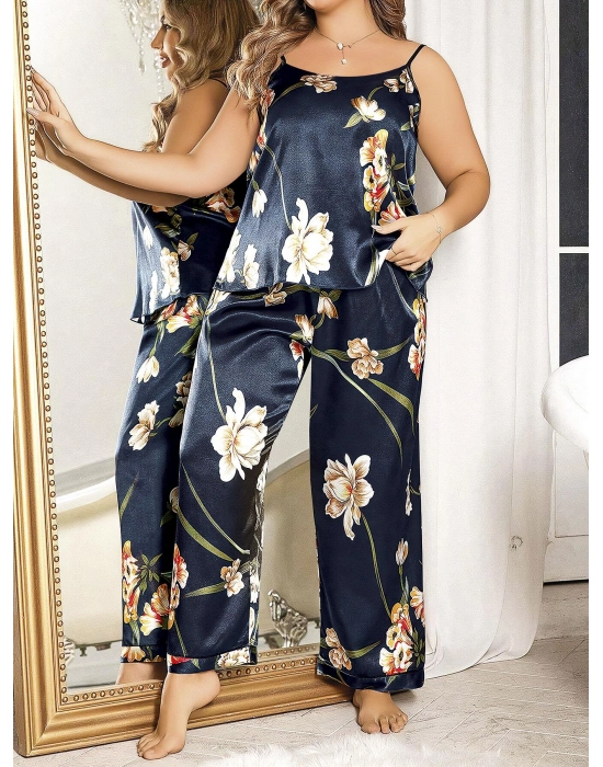 Büyük Beden Mavi Üstüne Çiçek Desenli İnce Askılı 2li Saten Pijama Takımı