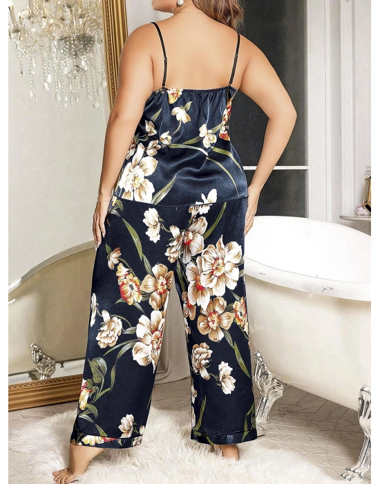 Büyük Beden Mavi Üstüne Çiçek Desenli İnce Askılı 2li Saten Pijama Takımı