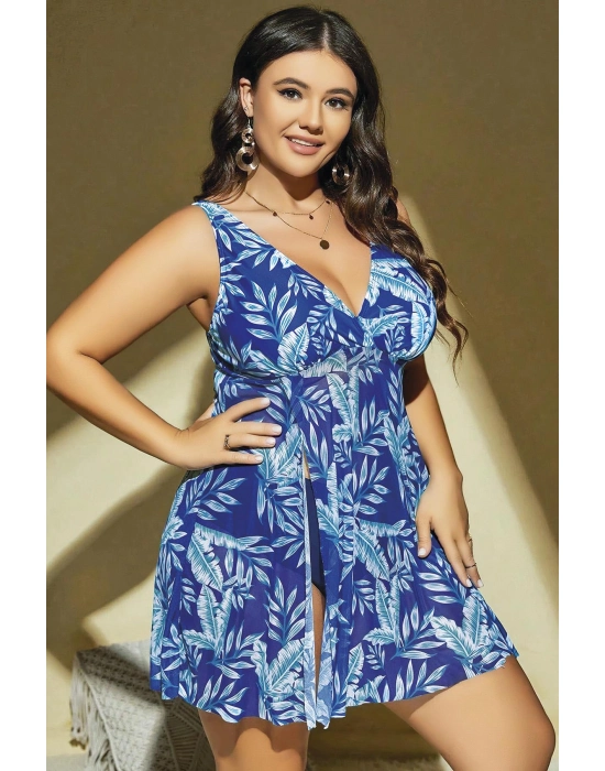 Büyük Beden Mavi Üstüne Yaprak Desenli Yırtmaçlı Gecelik