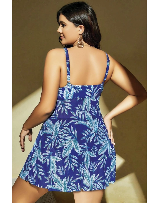 Büyük Beden Mavi Üstüne Yaprak Desenli Yırtmaçlı Gecelik