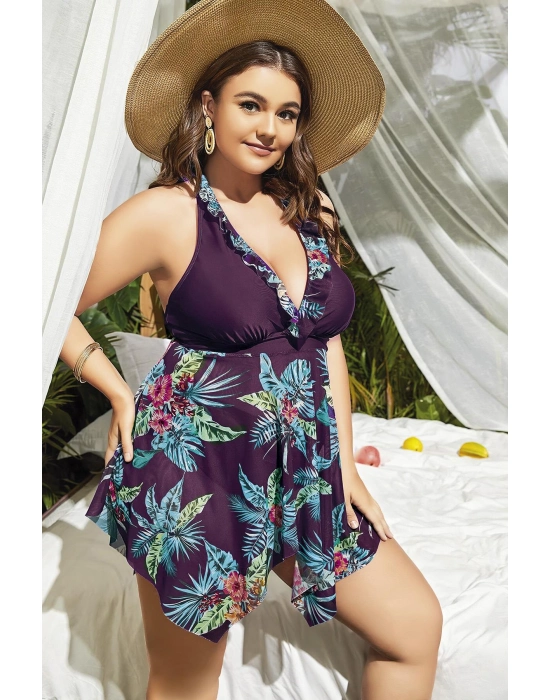 Büyük Beden Mor Üstüne Çiçek Desenli Boyundan Bağlamalı Elbise