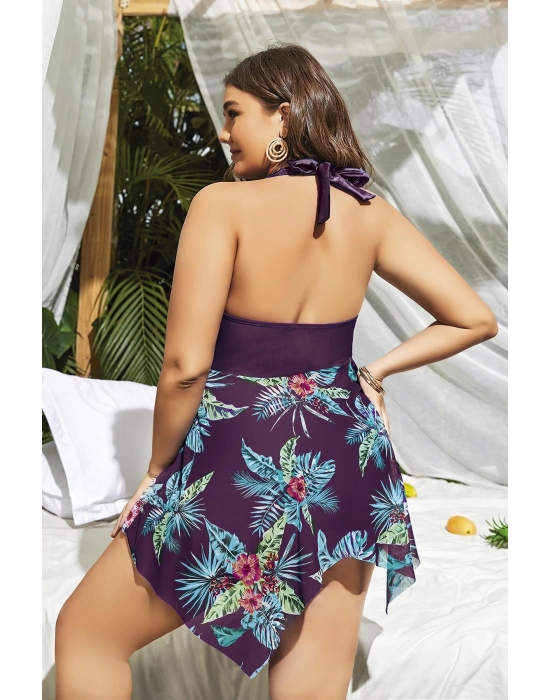 Büyük Beden Mor Üstüne Çiçek Desenli Boyundan Bağlamalı Elbise